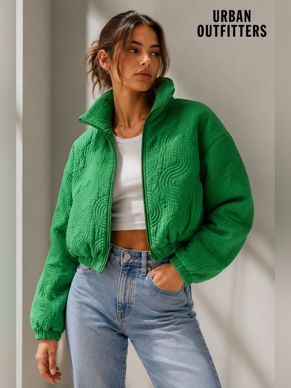 Urban Outfitters BDG Quilted Jacket Womens XS Green Cropped Zip Textured Swirl B